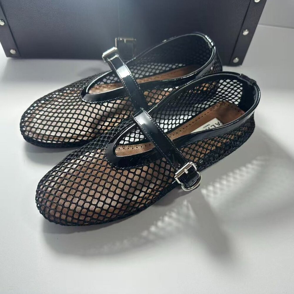 Alaia Black Mesh Flats with Patent Straps - Picture 2 of 8